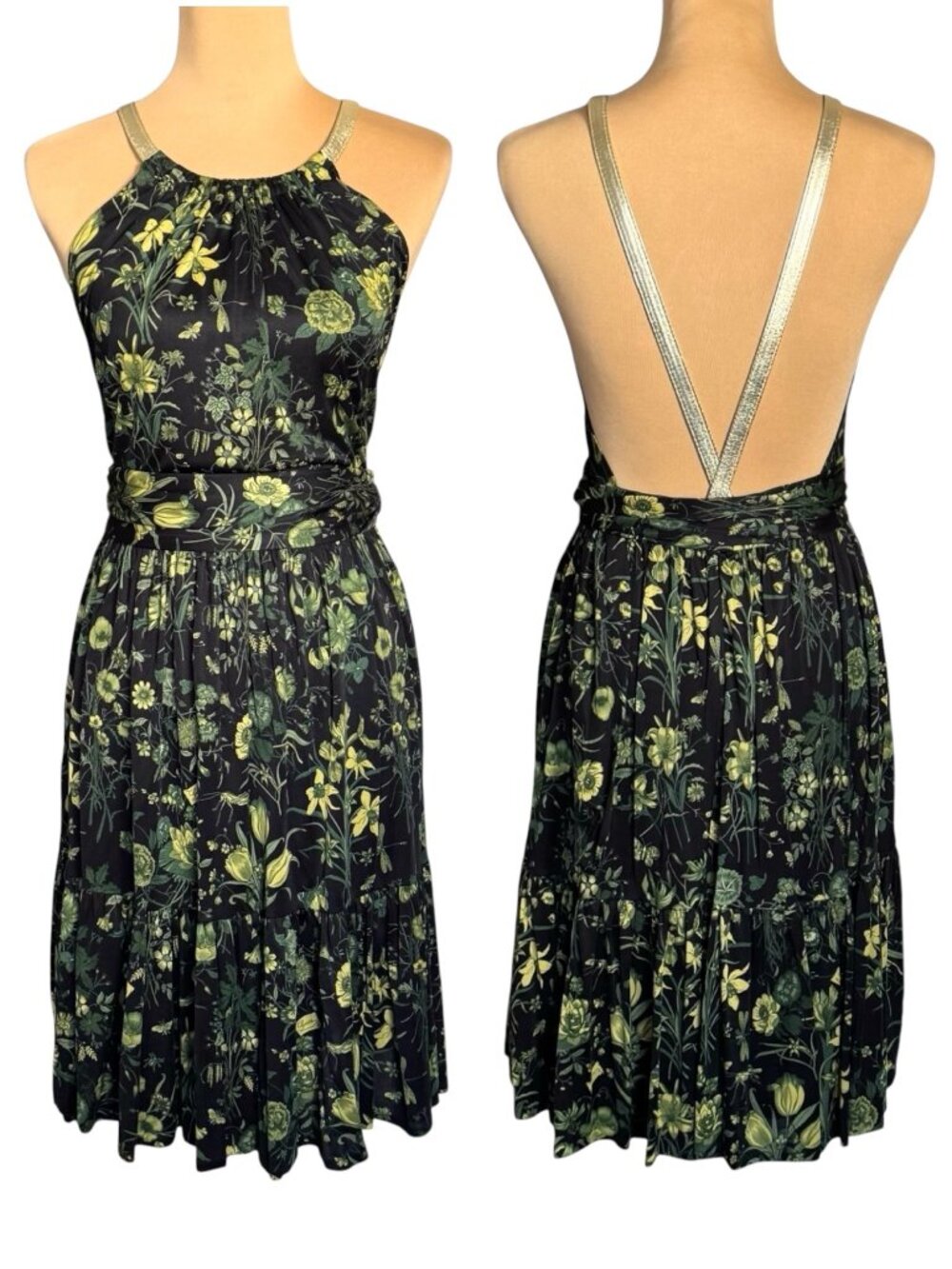 NWT Gucci Resort Halter Dress Sz 40 / S Floral Logo Metallic Leather Straps Chic